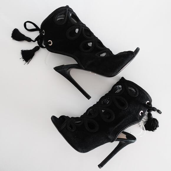 Prada Black Suede Cutout Tie-Back Ankle Peep Toe Stiletto Sandals - Picture 3 of 16